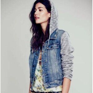 FREE PEOPLE Women Hooded Denim Jacket Size XS Blue Knit Distressed Casual